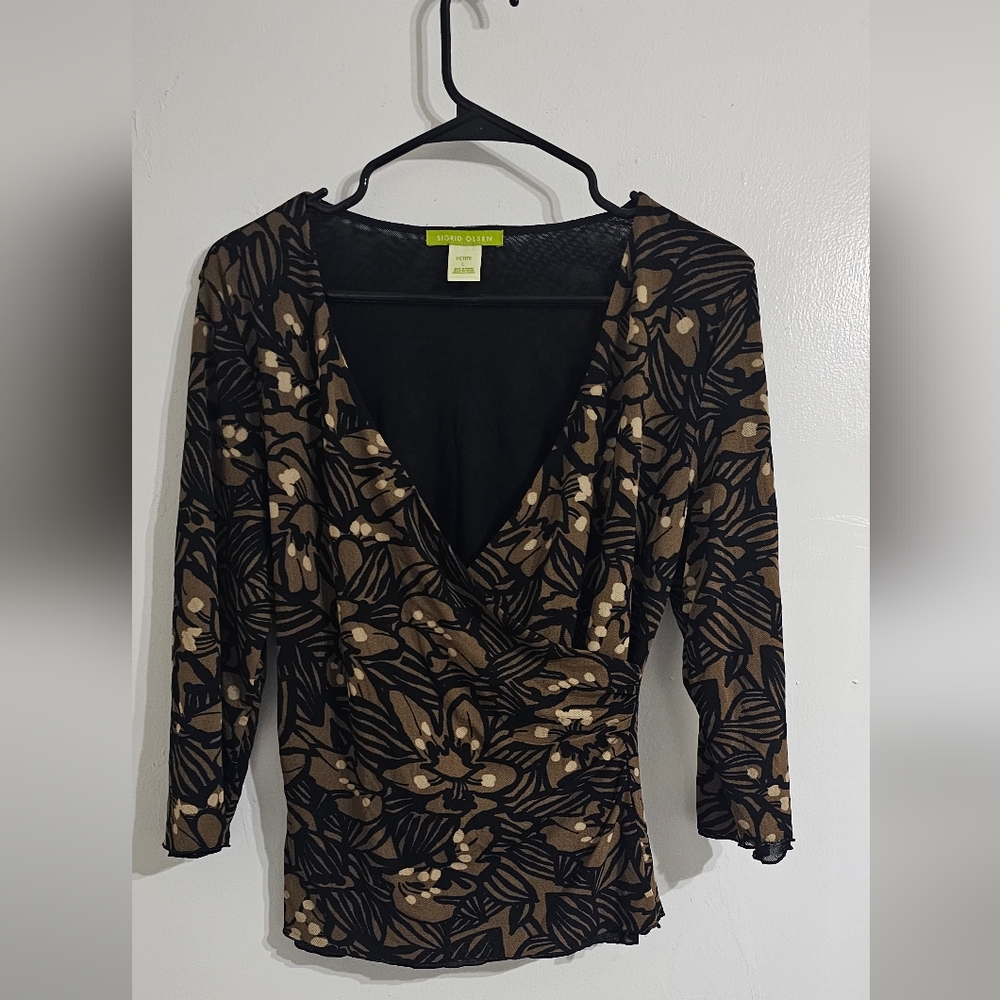 Singrid Olsen Crossover Floral Blouse Women's Petite Large Green Career Wear